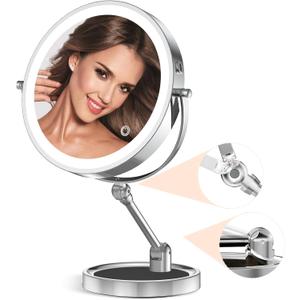 Rocollos Tabletop Makeup Mirror with Built-in Vanity Tray, 9" Rechargeable 4000mAh Lighted Vanity Mirror 1X/10X Magnification, Height-Adjustable Arm, 3 Color Dimmable (9Inch Chrome)