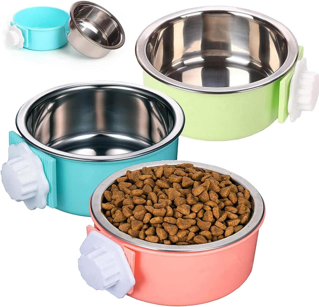 HERCOCCI Dog Crate Bowls, Removable Stainless Steel Pet Kennel Cage Hanging Food Bowls and Water Feeder Coop Cup Prevent Overflow for Puppy, Medium Dog, Cat, Rabbit, Ferret (3PCS) (Blue,Red,Green)