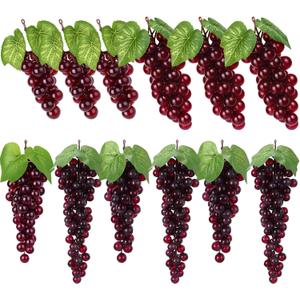 12 Pcs Purple Artificial Grape Rubber Fake Grapes Bunches with Vines Leaves Faux Lifelike Fruits Ornament for Wedding Outdoor Decoration Garden Home (Mixed Style)