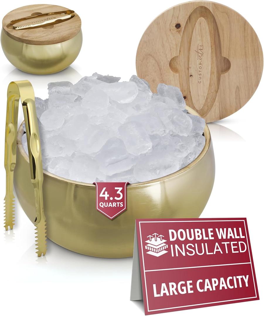Gusto Nostro 4.1L Insulated Ice Bucket with Lid and Tongs, Double Wall Stainless Steel Ice Bucket Large, BPA Free Ice Bucket for Cocktail Bar, Keeps Champagne, Beer Chill for Parties (Gold)