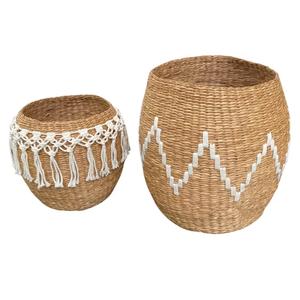 Set of 2 Baskets Large Handwoven Storage Basket with Decorative Pattern | Seagrass Bin for Laundry, Blankets, or Towels | Woven Organizer for Living Room, Bedroom (Seagrass)