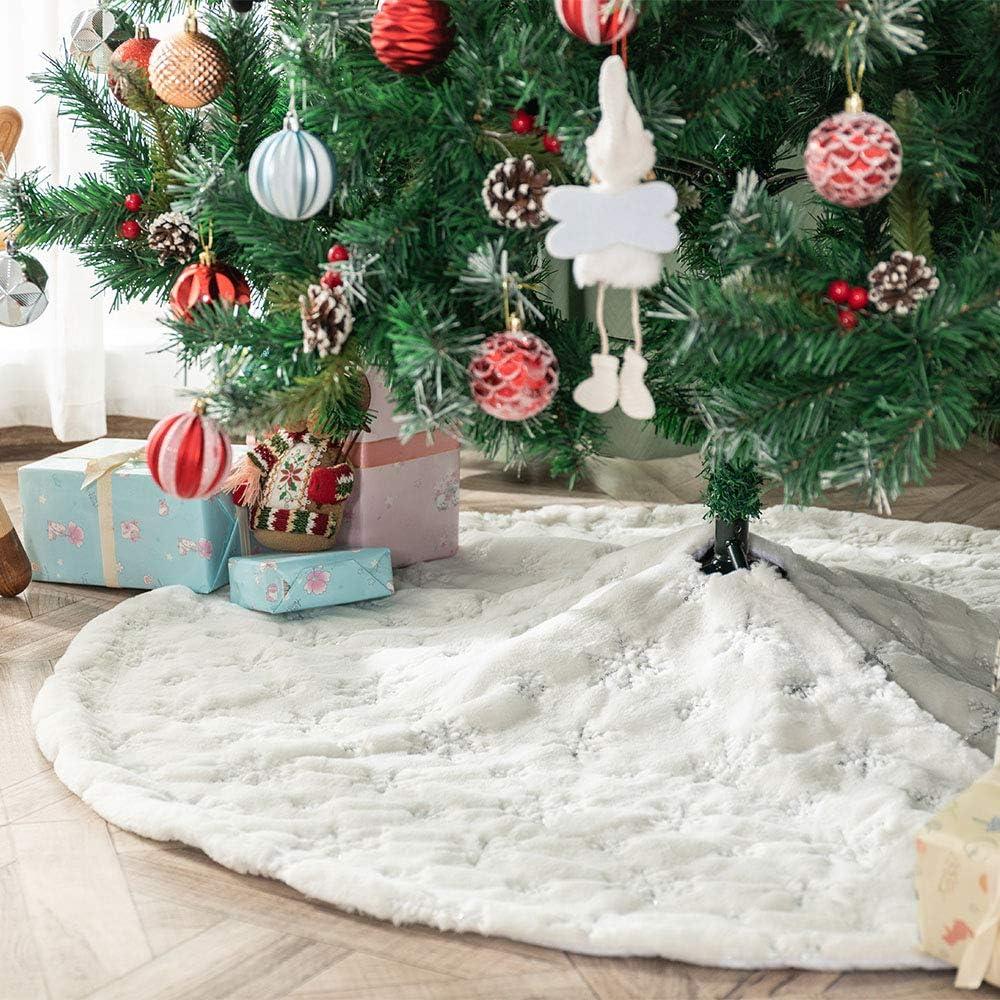 White Plush Christmas Tree Skirt 30 inches Snow White Fur Christmas Tree Skirt Mat with Sliver Sequin Snowflake Xmas Tree Skirt Base Cover for Christmas New Year Decorations (White-S, 78cm)