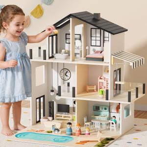 BIERUM Wooden Dollhouse for Girls, Doll House with 5 Rooms DIY Play Toys
Pretend Play Dream Dollhouse with Puzzle & 44 PCS Furniture Set, Kids Play Toy for Ages 3‑8