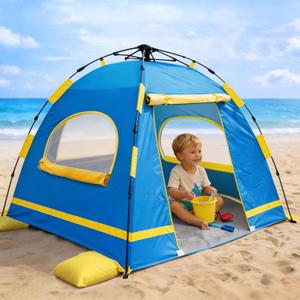 Baby Beach Tent Pop Up Sun Shelter with UPF 50+ UV Protection, Silver-Coated Interior, Breathable Mesh Ventilation, Easy Setup, Wind-Stable Beach Shade for Infants & Toddlers (Coastal Blue & Sunshine Yellow)