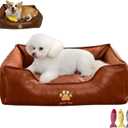 Leather dog small cat bed furniture for Small Medium Size Sofa with Removable Sofa Cushion Non-Slip Base Durable Supportive Furniture Faux Ultra Soft Texture Rectangle Pet with Non-Slip Bottom(Brass,S