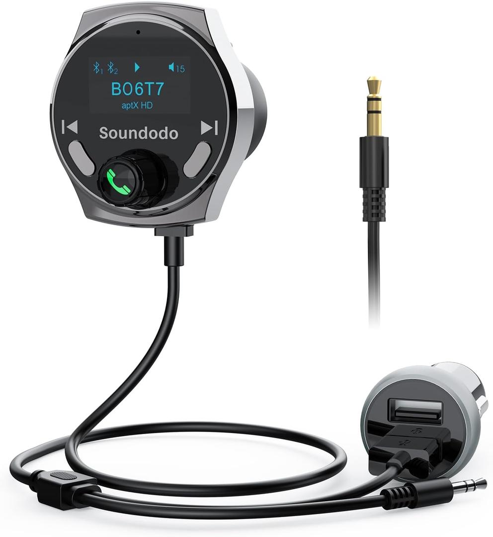 Bluetooth Aux Adapter for Car, Aux Bluetooth Receiver with USB Car Charger, Support Music/Hands-Free Calling/Home Stereo, Enhanced Mic/LED Display