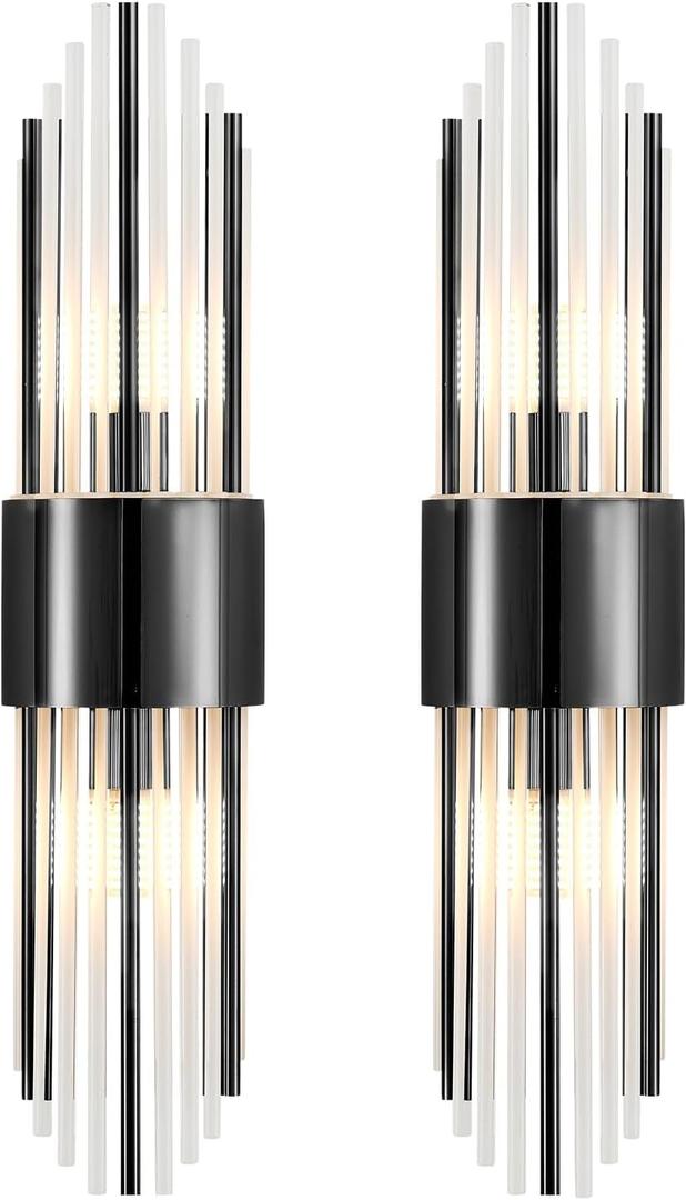 Wall sconces Set of Two, Black sconces Wall Set of 2, Black Vanity Wall Lights, Wall Lights for Living Room, Dresser Wall Sconce, with Clear Crystal, for Living Room, Bedroom, Bathroom