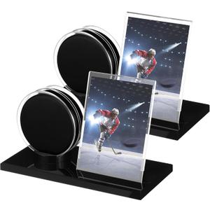 Yuntau 2 Sets Hockey Puck Display Case Acrylic Clear Hockey Puck and Card Display Holder with Black Base Showcase for Your Collection Souvenir Memorabilia Holder Stand