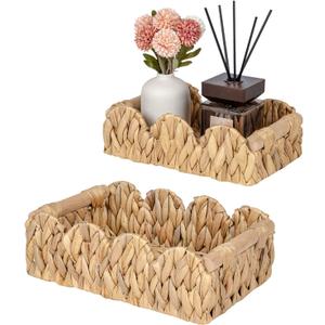 Scalloped Wicker Rattan Baskets for Shelf, Toilet Paper Storage Basket for Over Toilet Storage Shelf, End Table, Living Room, Bedroom, Shelves, Handwoven Farmhouse Home Decor, Natural Set 2 (Small)