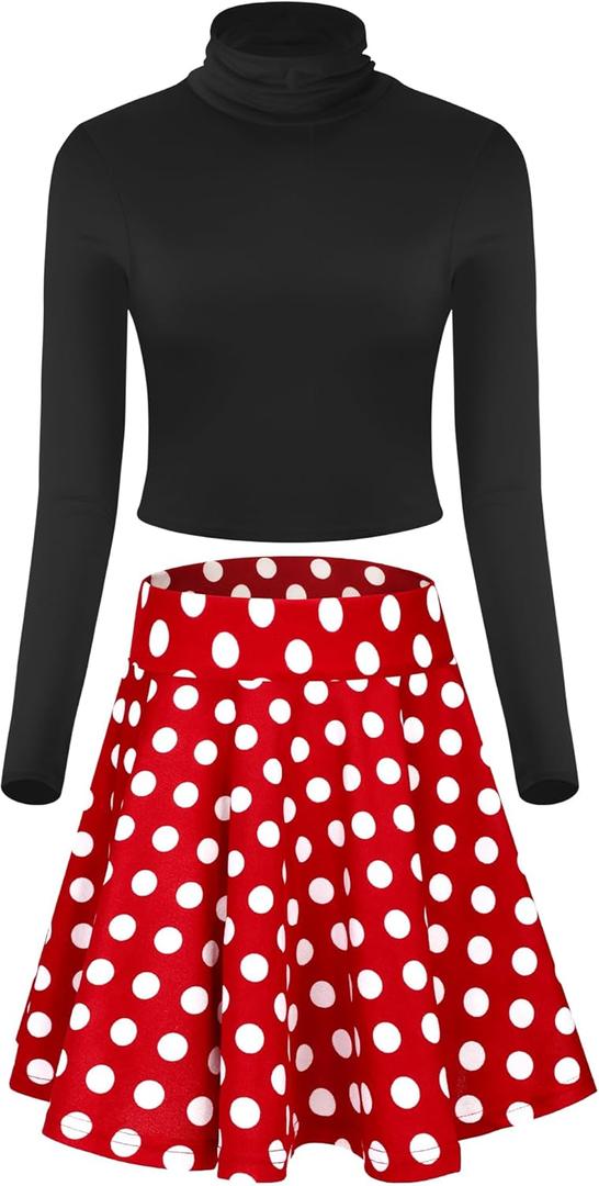 Shihanee Halloween Dress Women Costume Mock Neck Fitted Long Sleeve Shirt Mini Flared Casual Skater Skirt (X-Large, Dot)