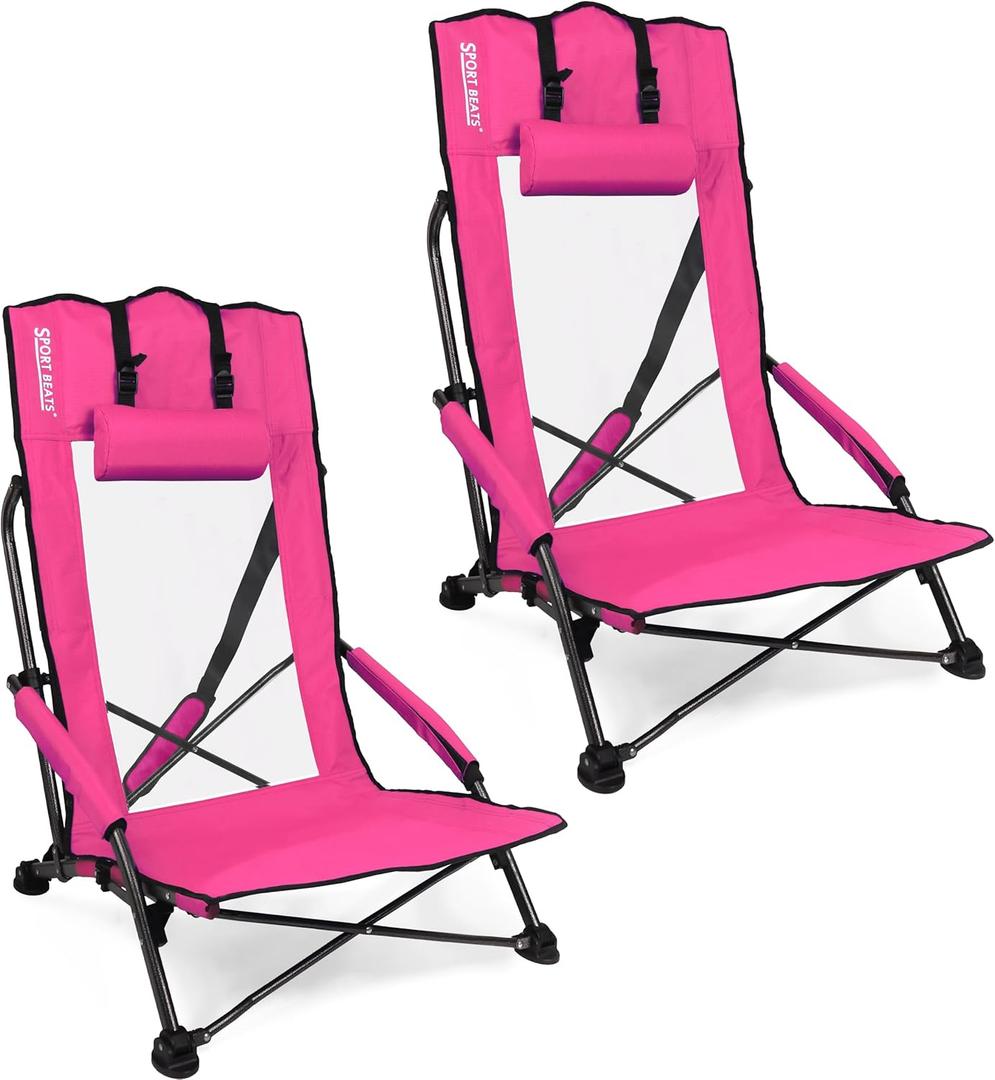 SPORT BEATS Low Beach Chairs Set of 2 Folding Beach Chairs High Back Support with Head Pillows Shoulder Straps (Pink)