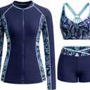 Daci Women 3 Piece Rash Guard - Long Sleeve Zip Up Swim Shirt with Sports Bra and Shorts UPF 50+ Modest Swimuits 2026 (Large, Blue Floral)