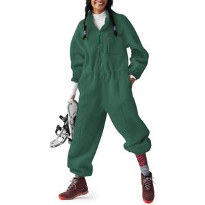 Yousify Fleece Overalls for Women Onesie Ski Jumpsuits Winter Casual Loose Long Sleevs Snow Suits with Pockets Army Green S