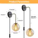 Wall Sconces Set of Two Black and Brass Gold Plug in Wall Sconces Set of 2 with Globe Amber Glass Shade Wall Lights Wall Lamps for Bedrooms Sconces Wall Decor Set of 2 with Plug in Cord Switch