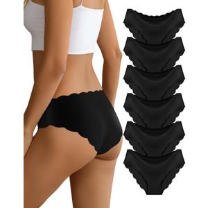 Seamless Underwear for Women Stretch No Show Panties Invisible Wave Edge Bikini Underwear 6 Pack (Medium, Black)