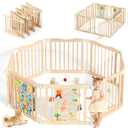 Foldable Wooden Playpen - Adjustable Wood Baby Play Yard with Child-Proof Lock, Indoor Large Safety Fence for Babies and Toddlers - Easy Assembly, 55 x 55 x 24 inches, Dino Land, Natural