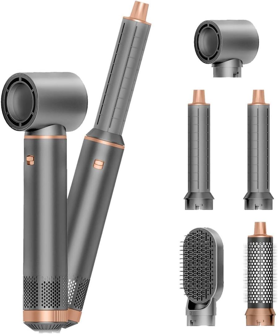 5-in-1 Hair Dryer Brush with Hot Air Curling & Negative Ion Technology - Versatile Styler for Drying, Curling, Straightening, and Volume Boosting (Gray)