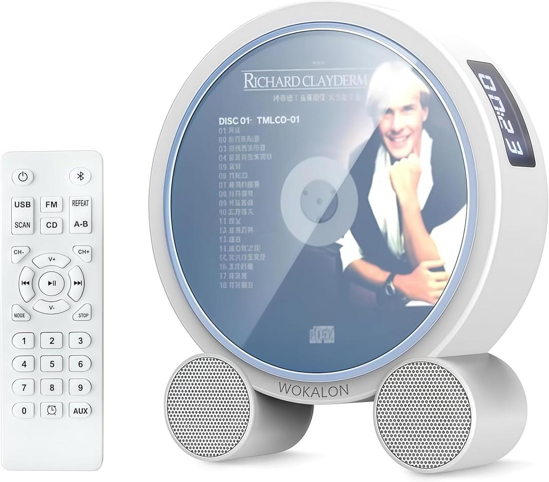 WOKALON Desktop Vertical CD Player Portable with Bluetooth for Home with LCD Screen Display Built in HiFi Speakers Support Timed Music ON/Off FM USB SD (White)