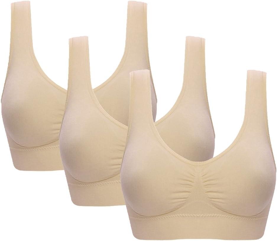 Vermilion Bird Women's 3 Pack Seamless Comfortable Sports Bra with Removable Pads (X-Large, Beige)