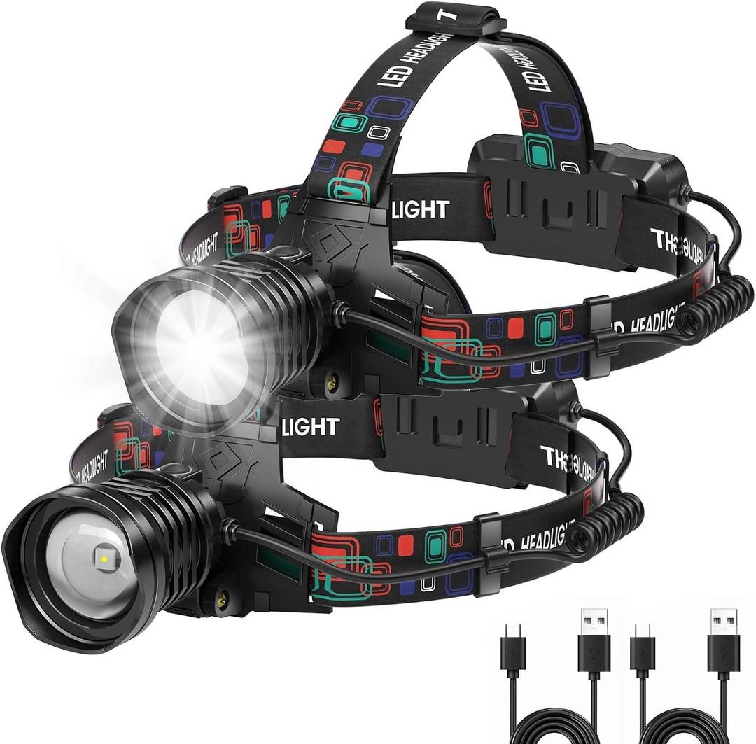 azamine Rechargeable Headlamp Super Bright 99000 Lumens, 2Pack LED Head Lamp with 3 Modes, 90 Adjustable Head Lights for Forehead, IPX6 Waterproof HeadLamps for Adults Camping Hunting Hiking