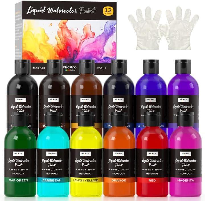 Nicpro 12 Colors Liquid Watercolor Paint Set, 8.45oz Large Bulk Liquid Watercolor Paint, Non-Toxic Water Colors Painting Supplies for Art Activity, Craft DIY, Poster, School, Home, Classroom, Party