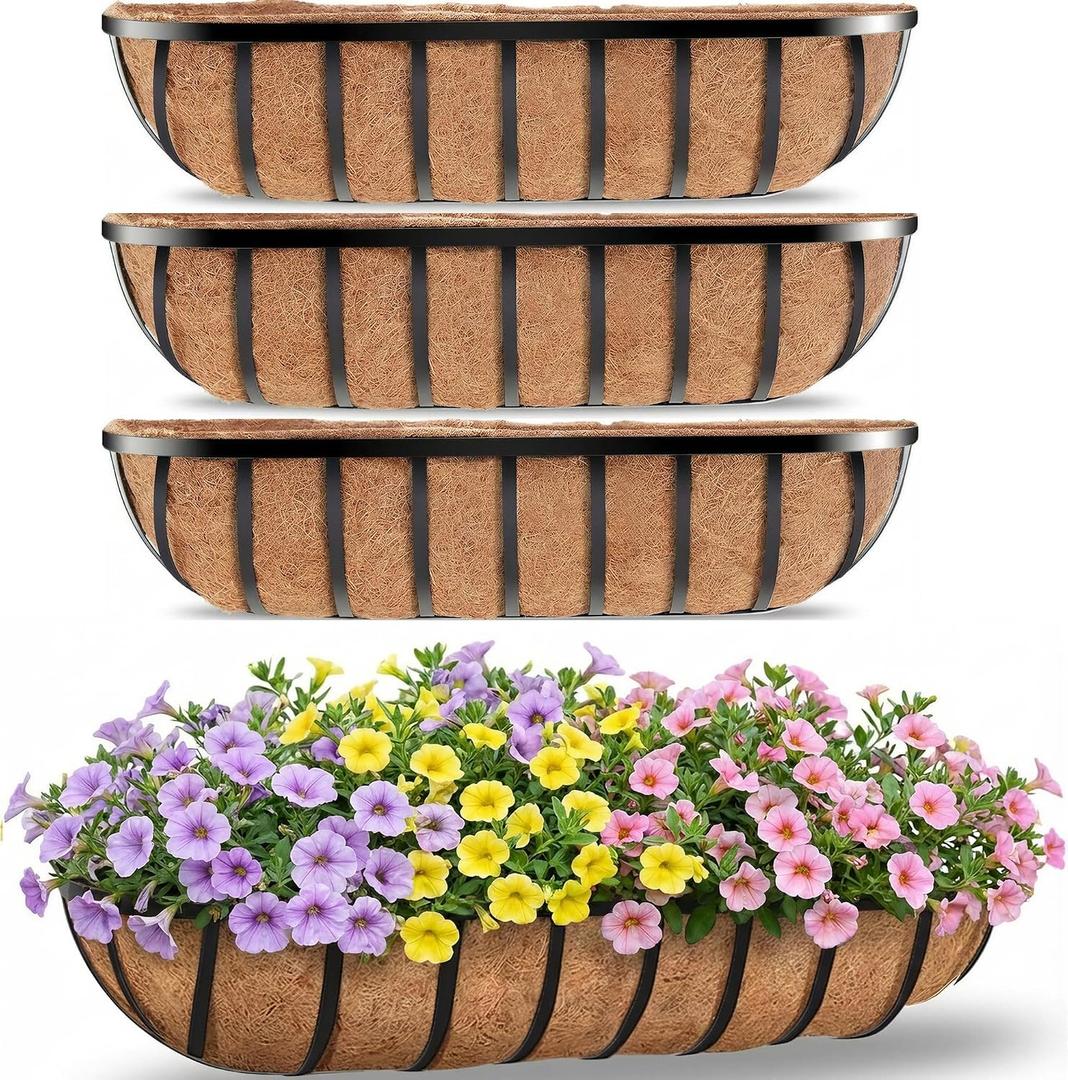 HFHOME 30" Deck Railing Planter Box with Horse Trough Coco Liners, Black Window Box Metal Hanging Flower Planters Baskets for Indoor, Outdoor, Balcony, Porch, Fence, Patio, and Lawn (Set of 4)