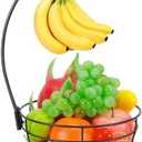 Livabber Countertop Fruit Basket Bowl with Banana Hanger, Modern Standing Fruit Vegetable Bowl Storage, with Banana Tree Holder for Kitchen Dinning Table (Round Metal, Black)