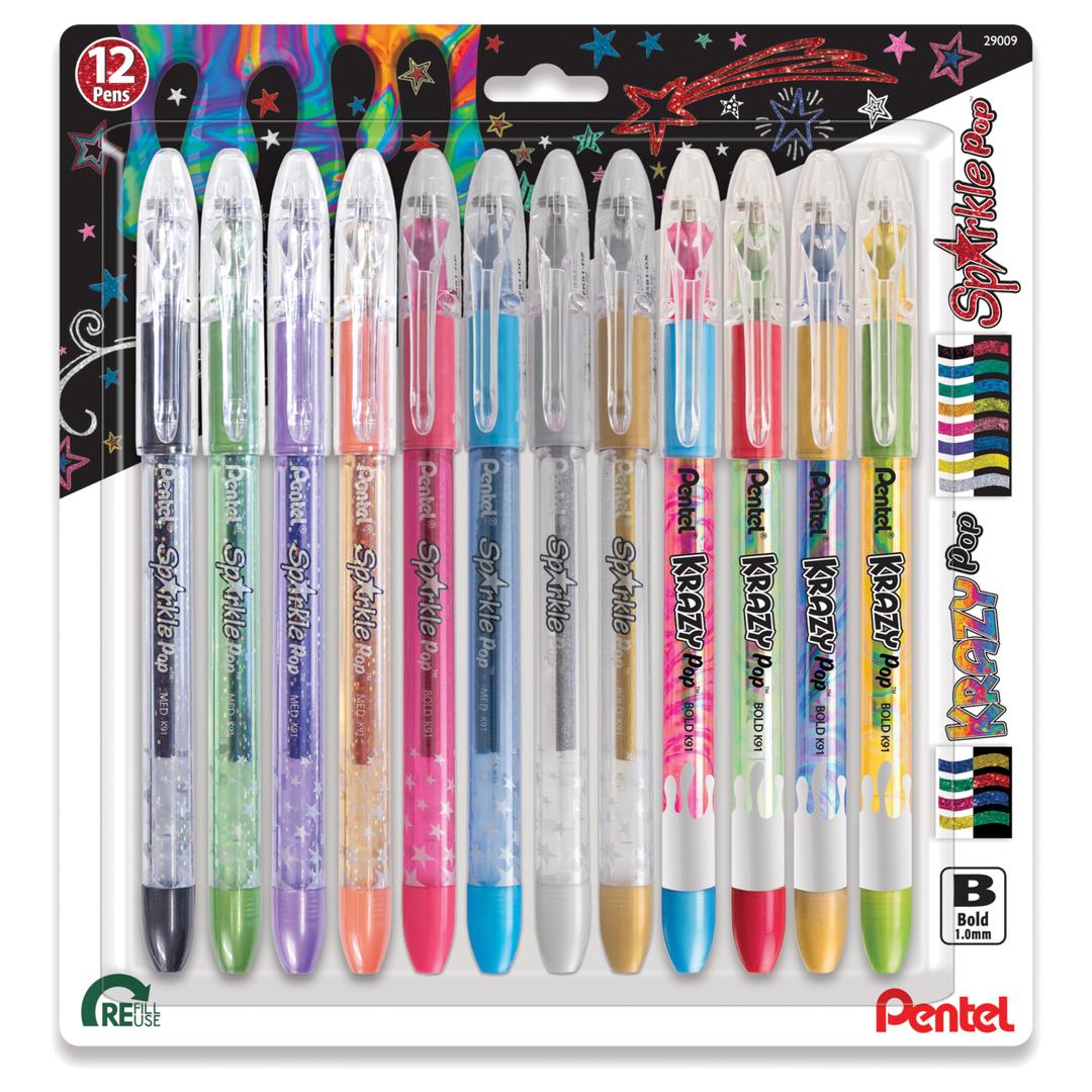 Pentel Sparkle and Krazy Pop, Metallic Gel Ink Pen, (1.0mm), Bold Line, Assorted Ink Colors, 12 count
