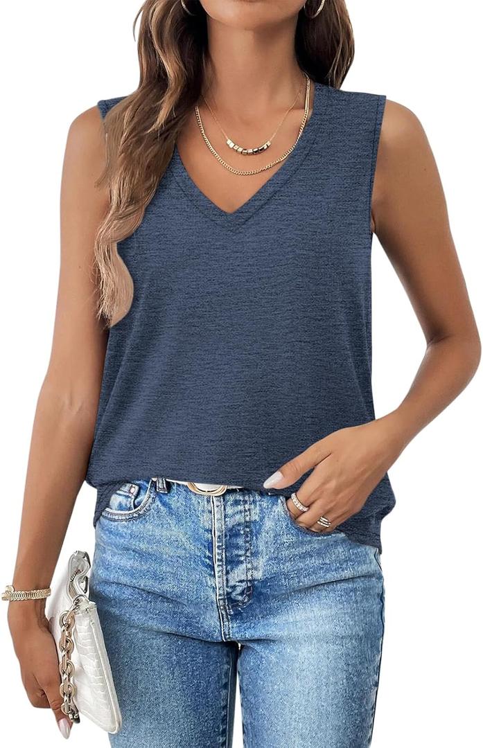 Syellowafter Women V Neck Tank Tops Sleeveless Shirts Summer Casual Blouse Loose Fit Tunic (Blue, L)