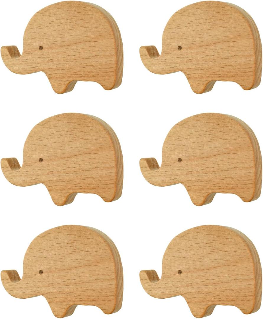 MOROBOR 6PCS Elephant Shaped Wooden Knobs Single Hole Beech Wood Handles Cupboard Cabinet Pulls for Chest of Drawers with Screws& Expansion Tube