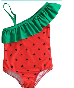 Summer Toddler Girls Ruffles 1 Piece Swimwear Cartoon Watermelon Prints Beach Onesie Swimsuit Bikini. Size 130
