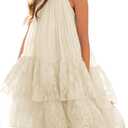 Batermoon Girls Lace Backless Tulle Dress Halter Neck Boho Flower Girl Sleeveless Ruffle Swing Party Dress, Apricot, 10-12 Years