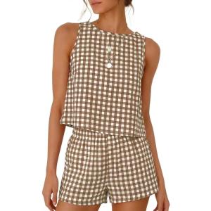 IDEALSANXUN Womens Two Piece Sets Summer Beach Spring Gingham Tank Tops and Plaid Shorts Pajama Sets (Brown, M)