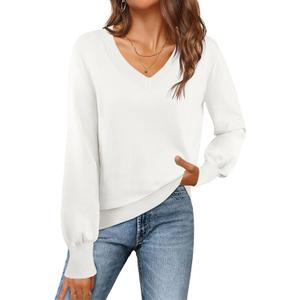 MEROKEETY Women's 2025 Fall Long Sleeve Sweater V Neck Winter Tops Casual Lightweight Knit Pullover Shirts (White)