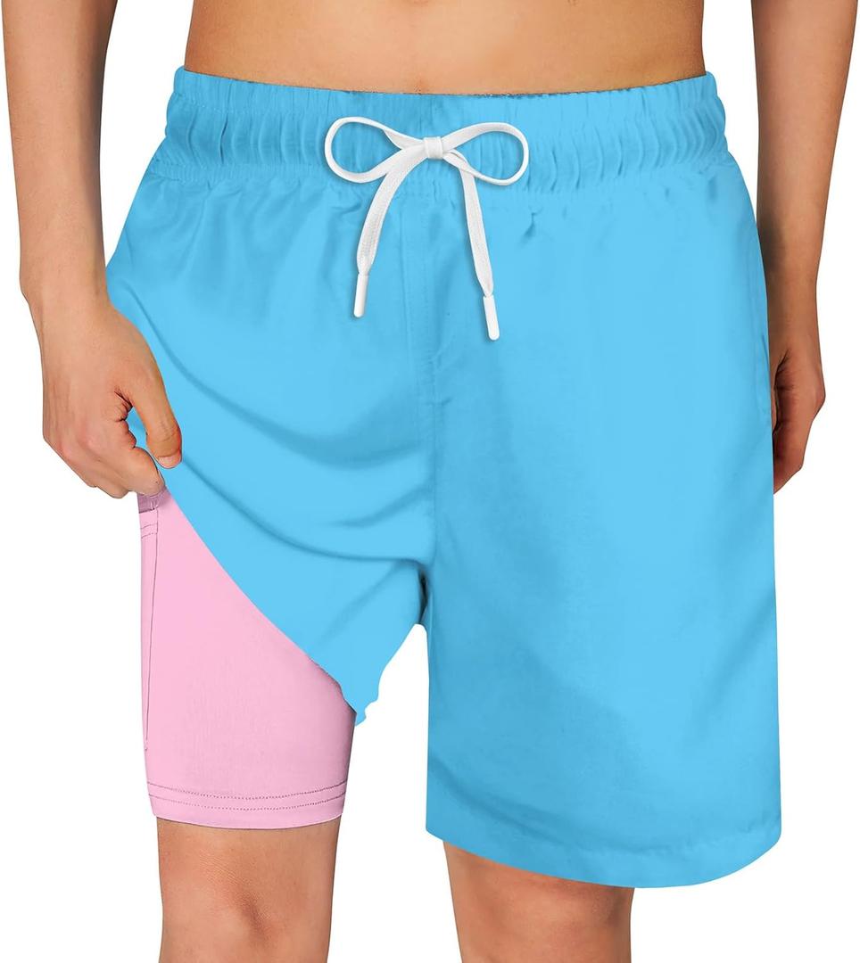 Cozople Boys Swim Trunks Quick Dry Compression Liner Swim Shorts Summer Bathing Suit with Inner Pocket Swimwear  (18 Years, Blue-pink)