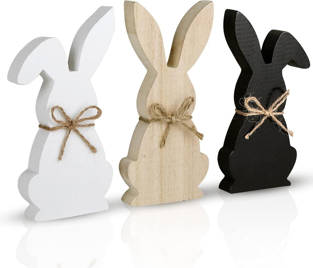 Easter Decorations for the Home, 3 pcs Easter Bunny Wooden Table Centerpiece Signs Rustic Tiered Tray Farmhouse Decor for Gifts, Black, White, Natural Wood Color