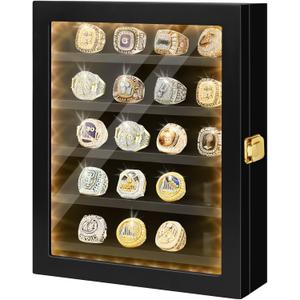 Championship Ring Display Case - 20 Ring Posts Baseball Ring Holder, Softball Ring Display Case with LED Light, Wall Mount Wooden Shadow Box for Display Sports Champion Rings - Black