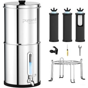 Purewell 4-Stage Ultra-Filtration Gravity-fed Water Filter System with 3 Filters, 304 Stainless Steel Countertop System with Water Level Window, Reduce Fluoride and Chlorine, 2.25G, PW-KS-3F