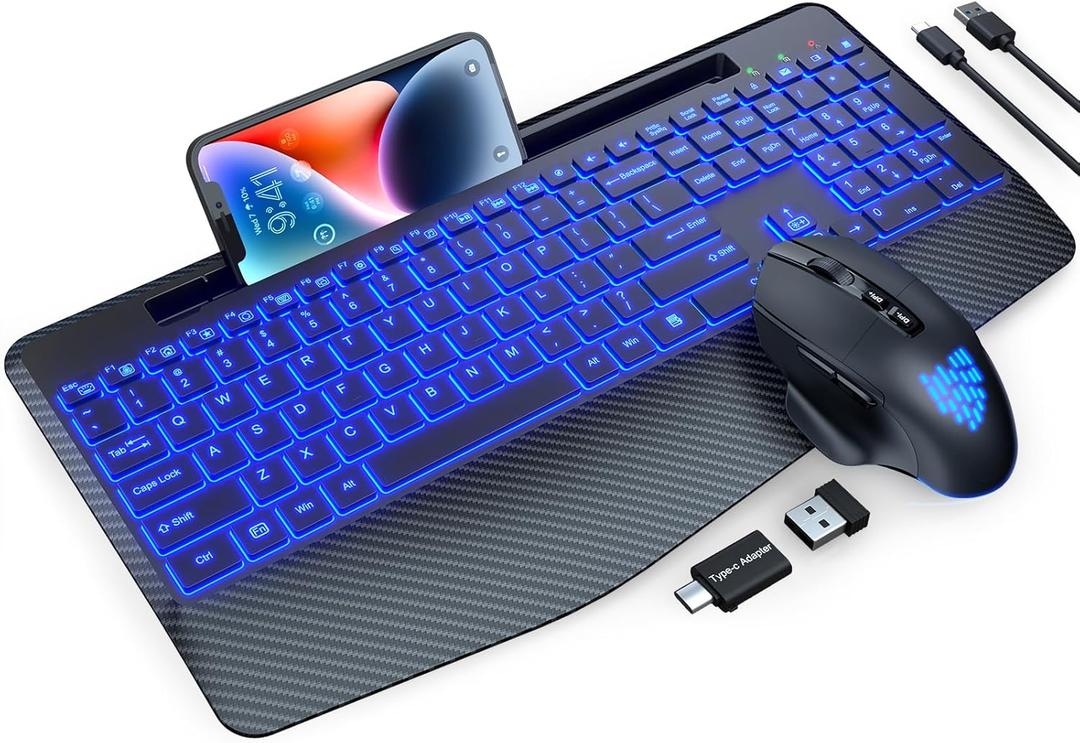 Wireless Keyboard and Mouse Backlit, Wrist Rest, LED Mouse, Rechargeable Ergonomic Keyboard with Phone Holder, Silent Light Up Combo for Computer, Mac, PC, Laptop, Chromebook - SABLUTE KM22 Ultra+ (Black)