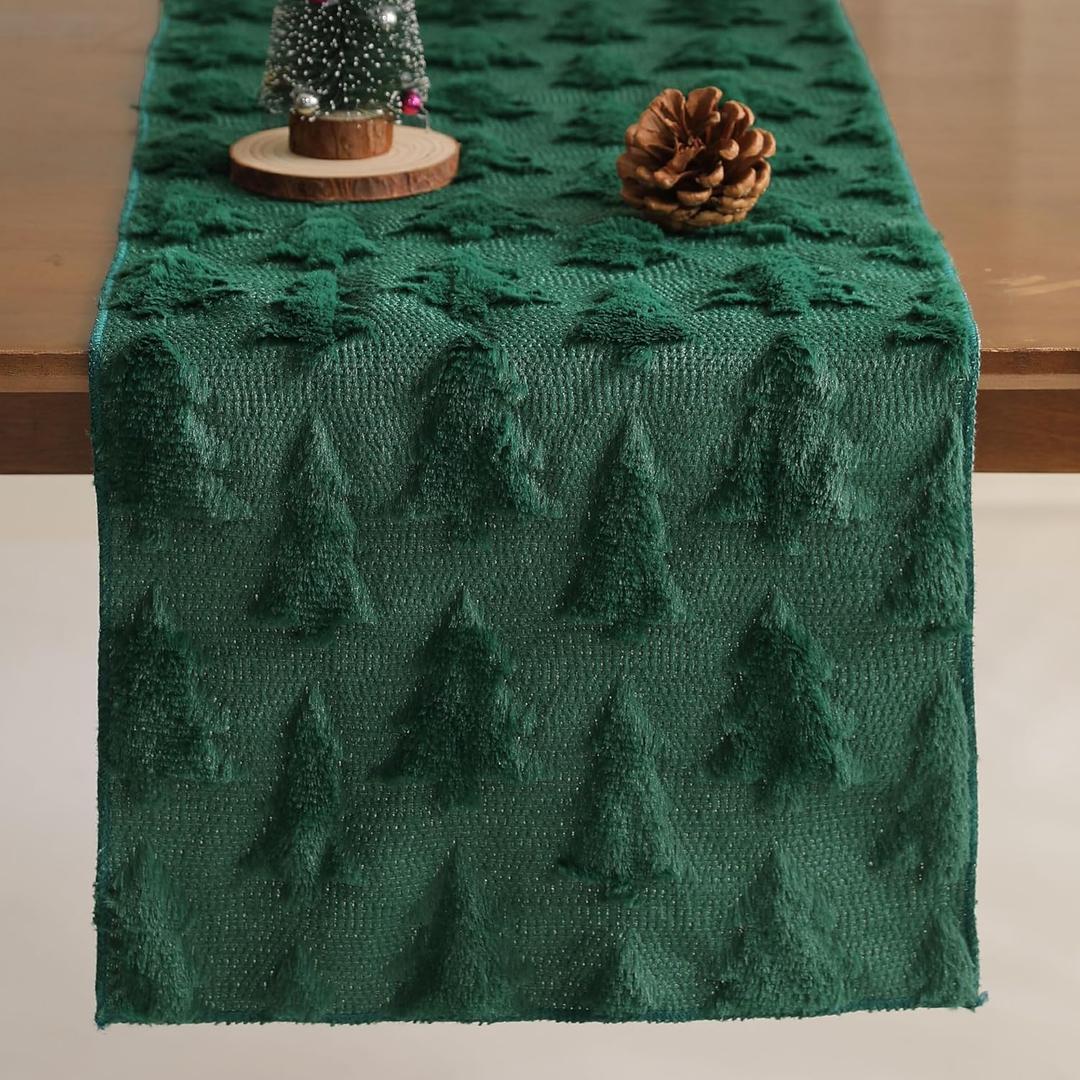 Christmas Tbale Runner 13x72 Inch Soft Plush Faux Fur Jacquard Green Big Small Christmas Tree Table Runner, Seasonal Autumn Kitchen Dining Table Decoration for Home Party Decor ZR003B72