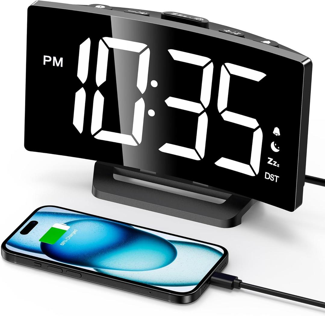 GOLOZA Digital Alarm Clocks for Bedrooms, Digital Clock with Modern Curved Design, Conspicuous 6 Colors RGB Display, 5 Levels Brightness+Off, 2 Volume, 3 Alarm Tones, Snooze, Power-Off Memory, 12/24H (Classic White)
