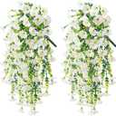 Ivydale 2 PCS Artificial Hanging Flowers Fake Plants for Winter Christmas Outdoor,Faux Silk White Morning Glory with Eucalyptus UV Resistant Realistic Hanging Petunias Vines for Home Garden Decor