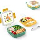 Bento Box for Kids & Adults  Cute Cartoon 2-Layer Lunch Box with Fork, Sauce Cup & Brush, BPA-Free, 3-Compartment Square Snack Container with Handle for School, Office, or Travel (Green)
