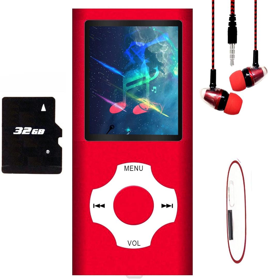 MP3 Player, Hotechs MP3 Music Player with 32GB Memory SD Card Slim Classic Digital LCD 1.82'' Screen MINI USB Port with FM Radio, Voice Record (Red)