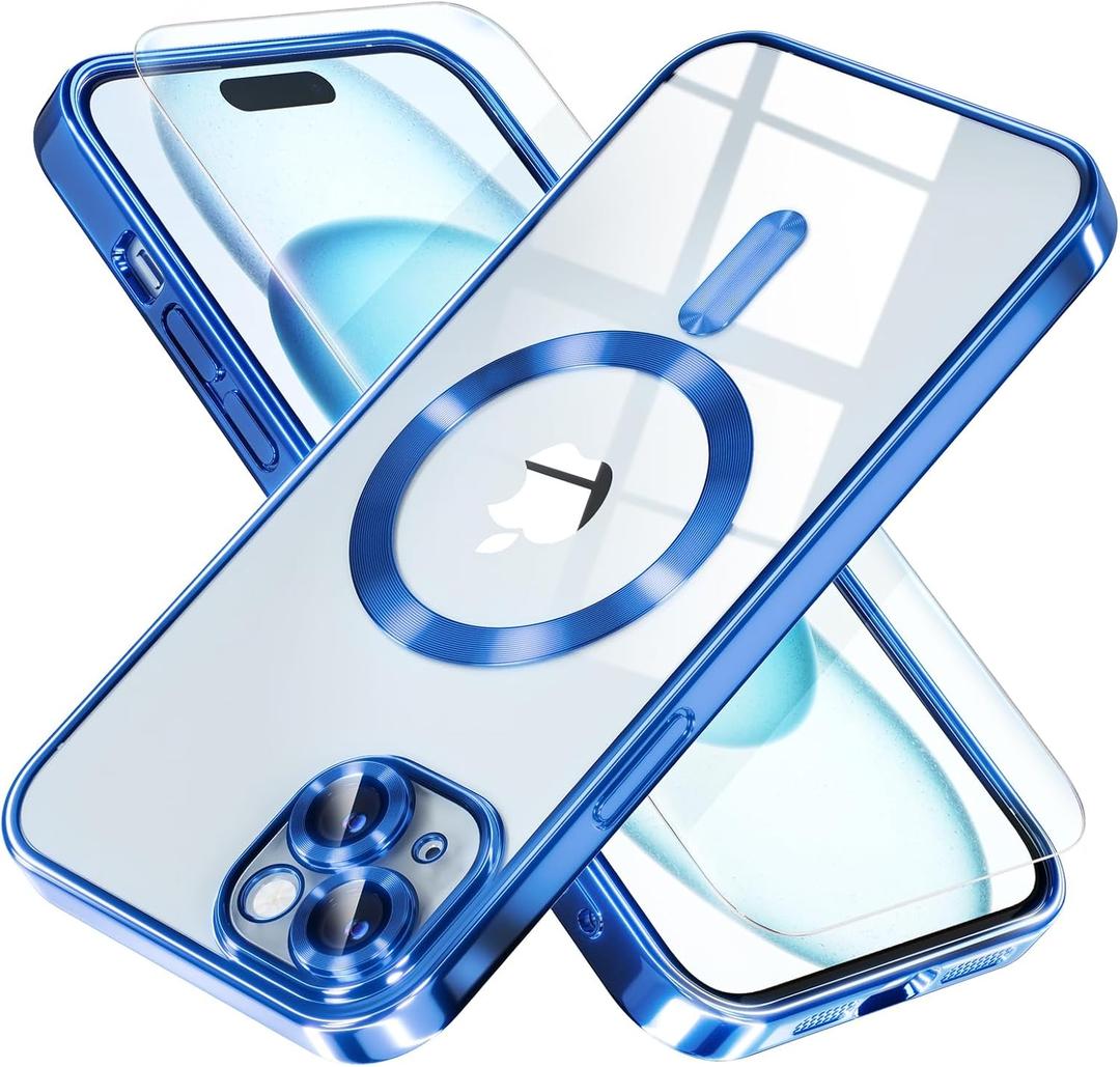 Misea Magnetic for iPhone 15 Case Compatible with MagSafe [Never Yellowing] [Military Grade Drop Protection] Full Camera Lens Protector Plating Soft Clear Phone Case for Women Girls, Deep Blue (For iPhone 15, Deep Blue)