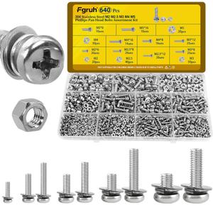 Fgruh 640PCS Machine Screws Assortment Kit, M2 M2.5 M3 M4 M5 Phillips Pan Head Bolts and Nuts Assorted Set, 304 Stainless Steel Metric Combination Screw with Fixed Washers (All-in-One Design)