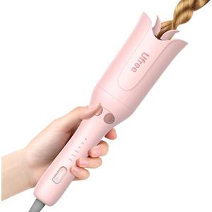 Ufree Automatic Rotating Curling Iron, 1 Inch Ceramic Curling Wand, 1-Click Hair Curler with 3 Heat & Timers, Anti-Scald Design, 1M Ionic Care, Dual Voltage for Travel Beach Waves, Rose Gold