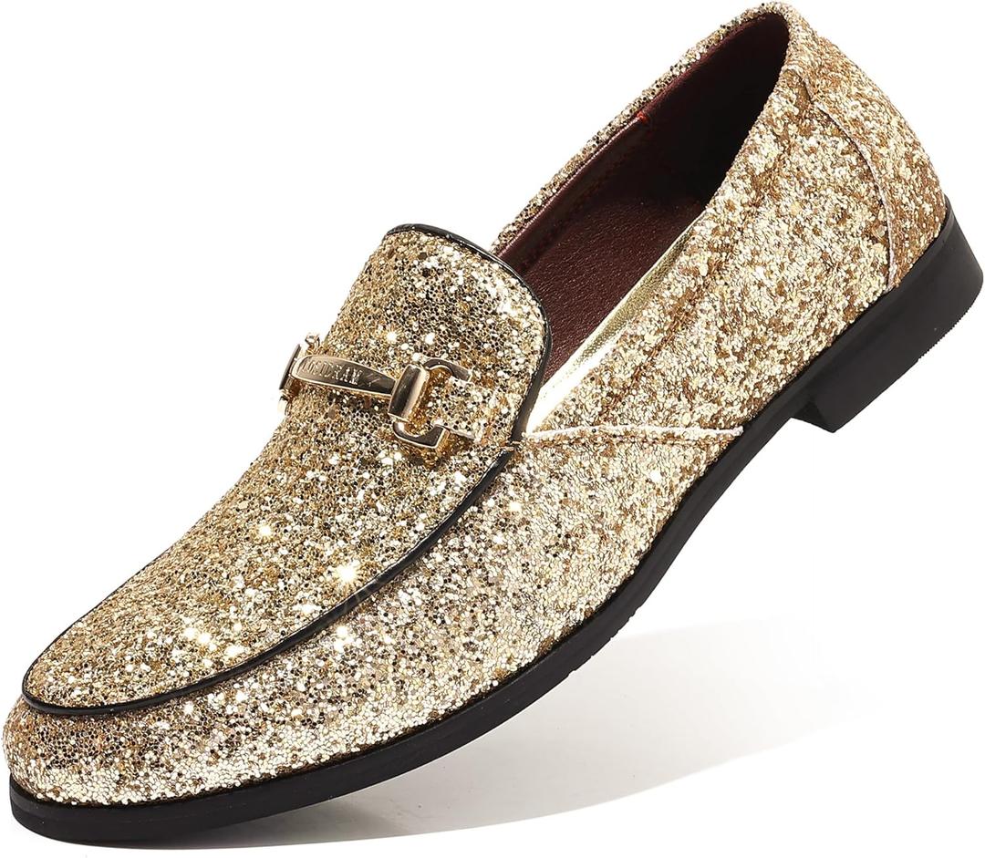 COSIDRAM Men's Glitter Dress Shoes Metallic Sequins Tuxedo Luxury Gold Buckle Loafers Slip-on Wedding Party Shoes,10.5