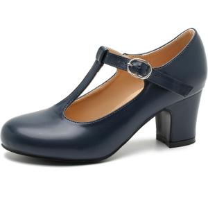 Women's T-Strap Mary Jane Pumps, 2.56 Inch Block Heel, Round Toe Dress Shoes 38