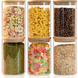 Liuruiyu 50oz Glass Food Storage Jars Set of 6,Glass Storage Containers Clear Glass Food Canister with Bamboo Lid Airtight For Serving Tea, Coffee, Flour, Sugar, Candy, Cookie, Spice and More (Round)